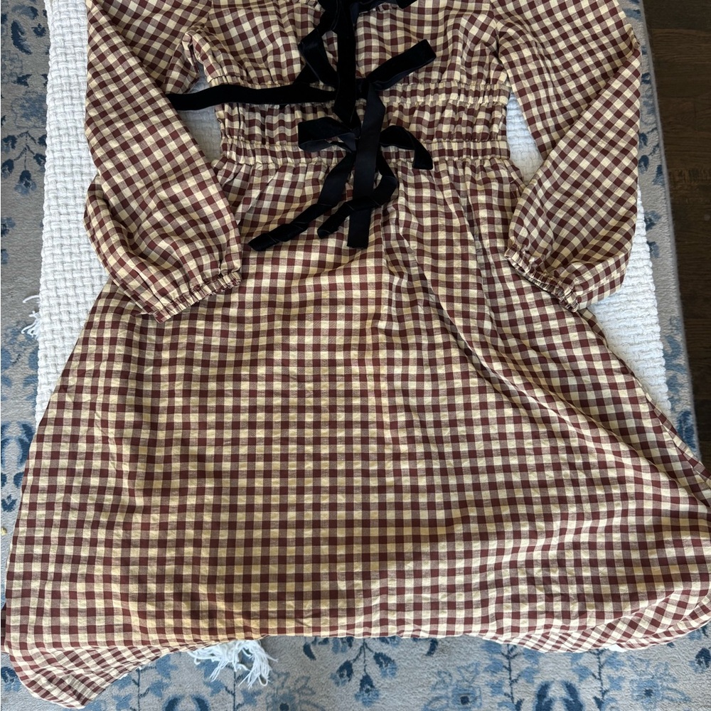 Brown and White Gingham Casual Maxi Dress with Bishop Sleeves
